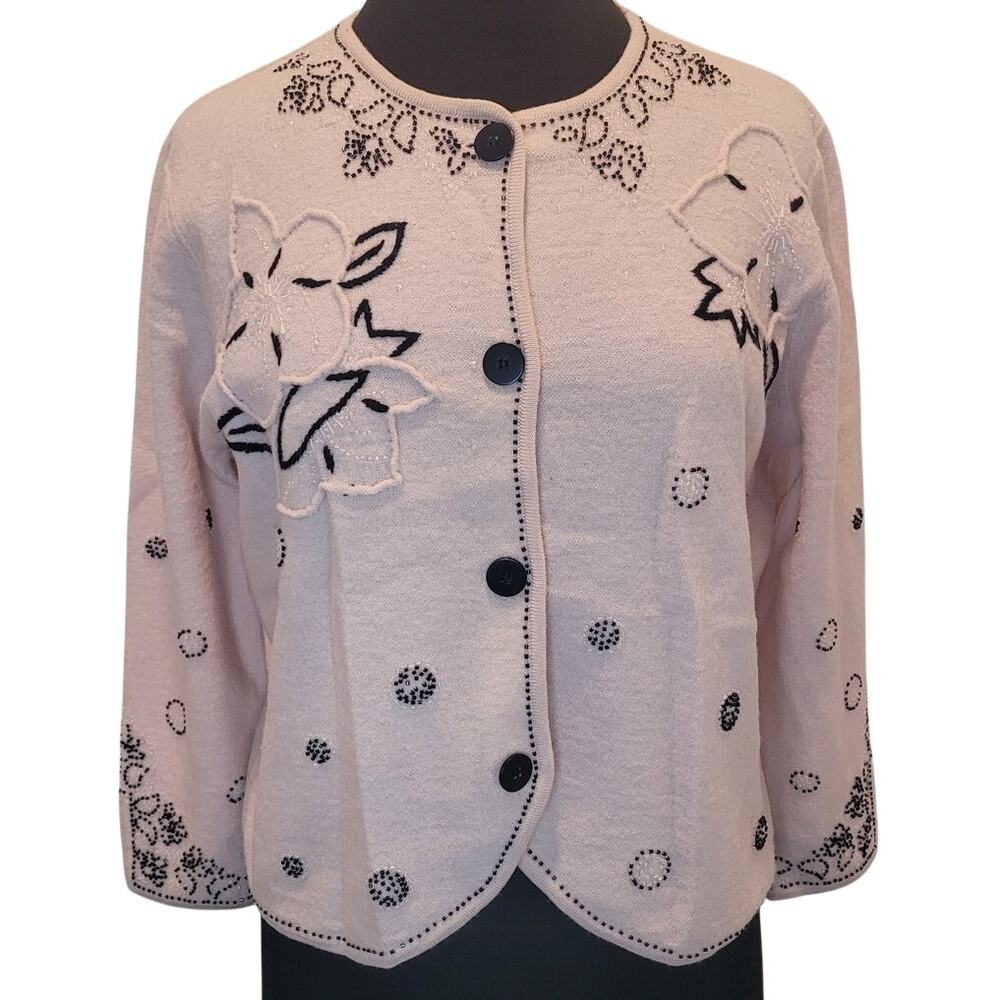 Blush Pink 100% Boiled Wool LS Button Up Jacket VTG Sz Large Beaded Art To Wear